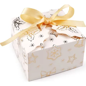 Dárková krabička Vánoční dárková krabička se zlatým potiskem a stuhou Varianta: 2 bílá mašle, Balení: 12 ks
