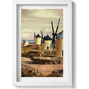 Obraz Ozdobný nástěnný obraz v bílém rámu do obýváku Větrné mlýny Cosuegra 20x30 cm