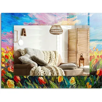 Zrcadlo Dekorativní nástěnné Zrcadlo s potiskem obdélníkové 80x60 cm Pole tulipánů