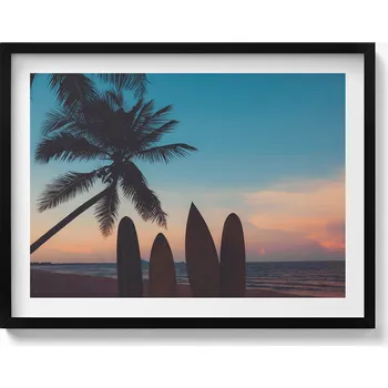 Obraz Ozdobný nástěnný obraz v černém rámu Surfing na tropické pláži 80x60 cm