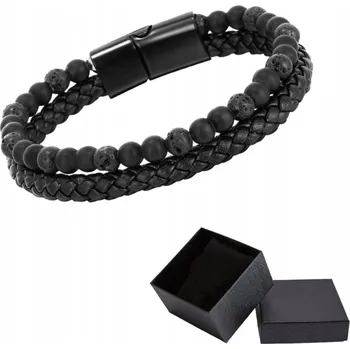 Náramek Černý Kožený Pánský Náramek Přírodní Kámen Láva Dárek