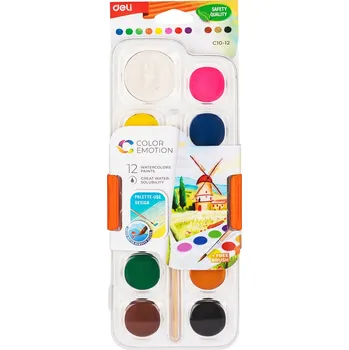 Vodová barva AKVARELOVÉ BARVY DELI C1012 12 BAREV + ŠTĚTEC