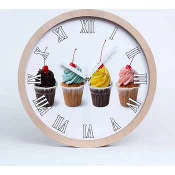 Hodiny Dřevěné nástěnné hodiny s římskými číslicemi a motivem cupcakes, průměr 30 cm