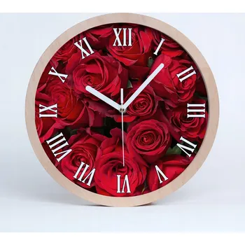 Hodiny Tichá nástěnná dřevěná hodiny červené růže průměr 30 cm