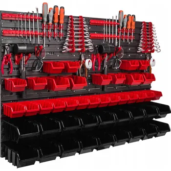 Obraz Dílenská nástěnná deska / panel 115x78 cm, stěna do garáže + 44 boxů / nádobek a háčky