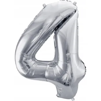 Balónek BALÓNEK ČÍSLICE 4 ČTYŘI STŘÍBRNÉ FÓLIOVÉ VELKÉ 100 CM DEKORACE NAROZENINOVÁ OSLAVA