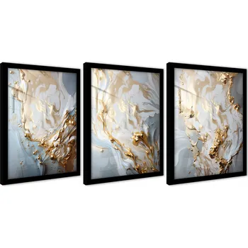 Obraz OBRAZY NA ZEĎ V ČERNÉM RÁMU PLAKÁTY TRYPTYCH MARMOR ZLATÉ ŠEDÉ 43x99