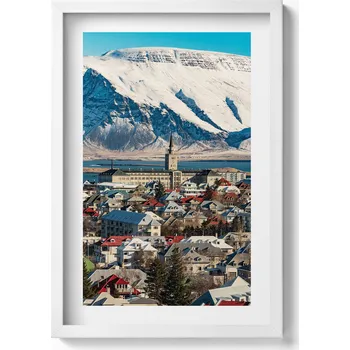 Obraz Obraz s bílým rámem a grafikou na zeď Výhled na Reykjavík Island 40x60 cm