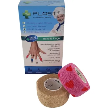 Zdravotnický materiál OK-plast Rychloobvaz Bandáž Finger 2,5 cm x 4,5 m 2 ks hnědá a růžová se srdíčky