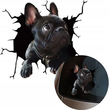 Samolepicí dekorace na vozidlo SAMOLEPKA Grafika na auto rozbité okno Vypadající Pes MOPS 17x16cm