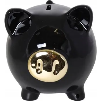 Pokladnička PRASIATKO pokladnička s zlatým čumáčkem ČERNÉ - SKVĚLÝ DÁREK pro každou příležitost 16 cm