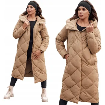 DLOUHÁ PROŠÍVANÁ DÁMSKÁ ZIMNÍ BUNDA S KAPUCÍ BÉŽOVÁ ty4592 - S
