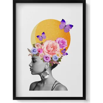 Obraz Obraz grafika v černém rámu Hlava ženy s květinami a motýly 50x70 cm
