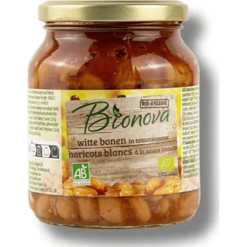 konzervovaná zelenina BIONOVA | Bio Bílé fazole v rajčatové omáčce zdravější verze klasických baked beans - 350 g