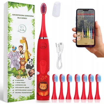 Elektrický zubní kartáček Sonický kartáček Heelly elektrický červený pro děti s 8 hlavicemi