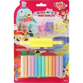 Modelovací hmota Školní sada Kiddy Clay 12 pastelových modelín 165g + 5 formiček + váleček