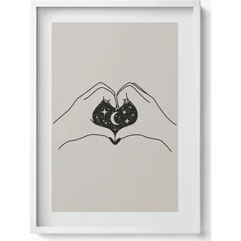 Obraz Nástěnný obraz v bílém rámu Srdce z dlaní a vesmír - ilustrace 50x70 cm