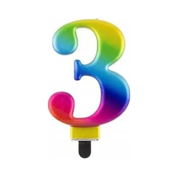 Dortová svíčka Id_3023 SVÍČKA ČÍSLICE 3 NAROZENINY DORT ČÍSLO MIX TŘI TROJKA NAROZENINY DUHA
