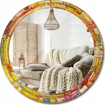 Zrcadlo Loftové závěsné zrcadlo s ozdobným skleněným rámem Barevná vitráž fi80 cm