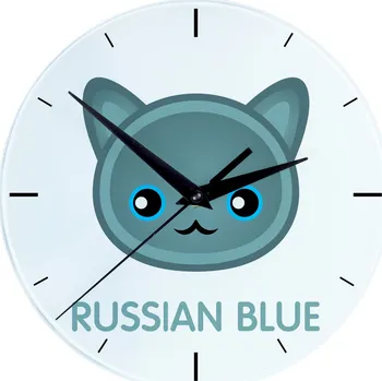 Hodiny Skleněné nástěnné hodiny s roztomilou kočkou - Ruská modrá