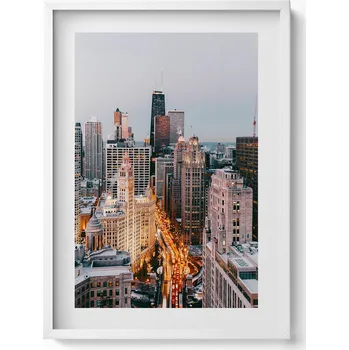 Obraz Obraz grafika v bílém rámu Panorama velkoměsta večer 50x70 cm
