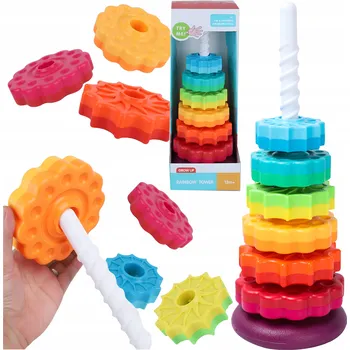 BAREVNÁ VĚŽ Z KOSTEK PRO DĚTI ZATOČENÁ XXL 41CM EDUKAČNÍ PYRAMIDA