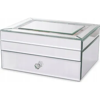 Šperkovnice SKLENĚNÁ ŠPERKOVNICE NA ŠPERKY KAZETA GLAMOUR STŘÍBRNÁ SE ZÁSUVKOU