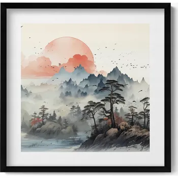 Obraz Stylový obraz v černém rámu: Horská krajina lesa v japonském stylu, 50x50 cm