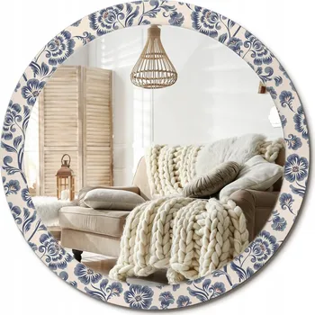 Zrcadlo Kulaté nástěnné dekorativní zrcadlo ve skleněném rámu, Květinový vzor, průměr 90 cm