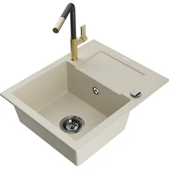 Kuchyňský dřez MEXEN/S - Enzo granitový dřez 1-miska s odkapávačem včetně baterie Flora, béžová 6506-69-670401-57-B