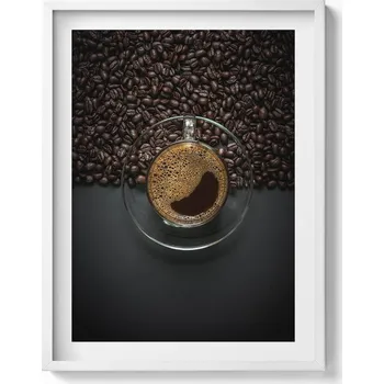 Obraz Ozdobný nástěnný obraz v bílém rámu s grafikou loft Káva a zrna 60x80 cm