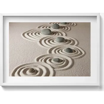 Obraz Stylový obraz v bílém rámu Zen - kameny na pískových kruzích 70x50 cm