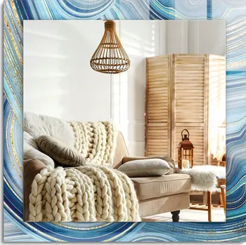 Zrcadlo Dekorativní závěsné zrcadlo s potiskem Abstraktní modré vlny 60x60 cm