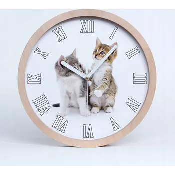 Hodiny Tiché nástěnné hodiny dřevěné dva malé kočky pr. 25 cm