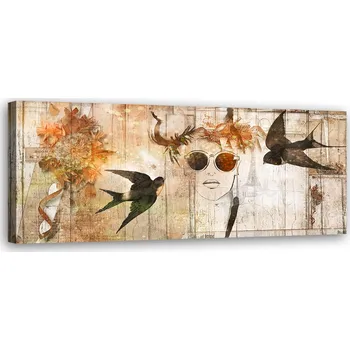 Obraz OBRAZ DO LOŽNICE Ženská tvář a ptáci NA PLÁTNĚ 90x30