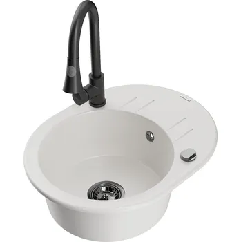 MEXEN/S - Kevin granitový dřez 1 s odkapávačem včetně baterie Elia, bílá 6517-20-670101-70