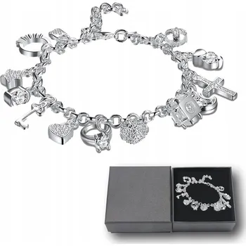 Náramek Dámský stříbrný náramek s řetízky a 13 přívěsky Charms, stříbro 925 Křišťály