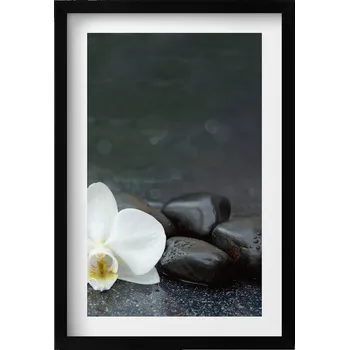 Obraz Obraz v černém rámu dekorace na zeď Bílý květ kameny Zen 40x60 cm