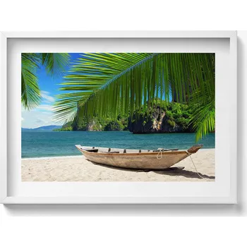 Obraz Závěsný obraz na zeď dekorace do domu Loďka na pláži pod palmou 70x50 cm