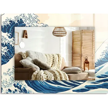 Zrcadlo Obdélníkové dekorativní zrcadlo s motivem Velké vlny u Kanagawy, na výšku nebo na šířku, 80x60 cm