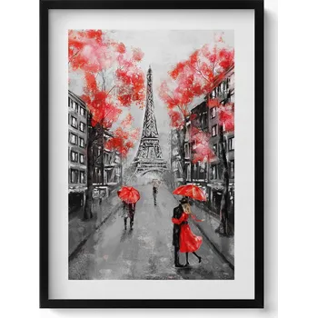 Obraz Elegantní obraz v rámu Paříž - Eiffelova věž a červené deštníky 50x70 cm