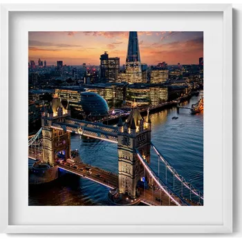 Obraz Stylový obraz v bílém rámu Londýnský most večer z ptačí perspektivy 50x50 cm