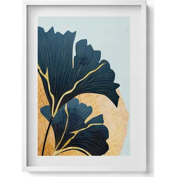 Obraz Nástěnný obraz v bílém rámu s grafikou: Ilustrace listů jinanu dvoulaločného, 50x70 cm