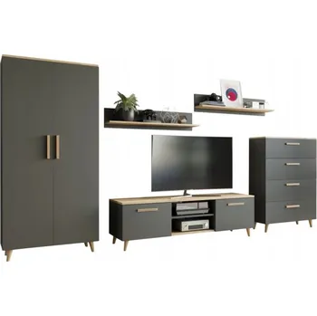 Obývací stěna NÁBYTEK antracit artisan Nábytková Stěna NORD 2 dub SALON skandinávský styl