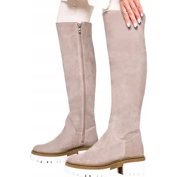 Dámské kozačky KOZAČKY KOŽENÉ BÉŽOVÉ BOTY ZA KOLENO NA PLATFORMĚ POLSKÝ VÝROBEK vel. 40