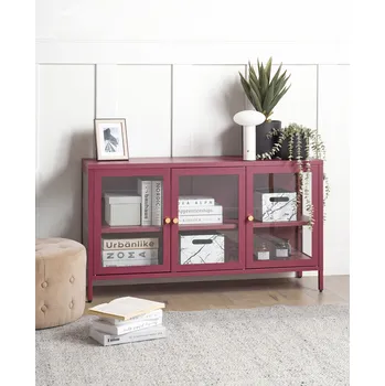 Obývací pokoj 3dveřová skříňka tmavě červená kovová ocel tvrzené sklo nastavitelné police moderní industriální design obývací pokoj Beliani