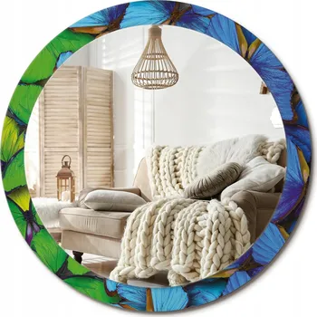 Zrcadlo Zrcadlo nástěnné s ozdobným rámem Velké průměr 90 cm Modrý a zelený motýl