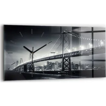 Hodiny Horizontální Skleněné Hodiny na Zeď S Potiskem Most v noci San Francisco 60x30 cm