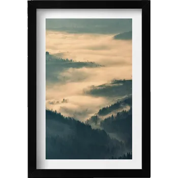 Obraz Dekorativní nástěnný obraz v černém rámu – Horská krajina s lesy v mlze, 20x30 cm