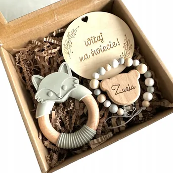 Klip na dudlík se jménem, kousátko Liška, sada na baby shower, dřevo, gravírování